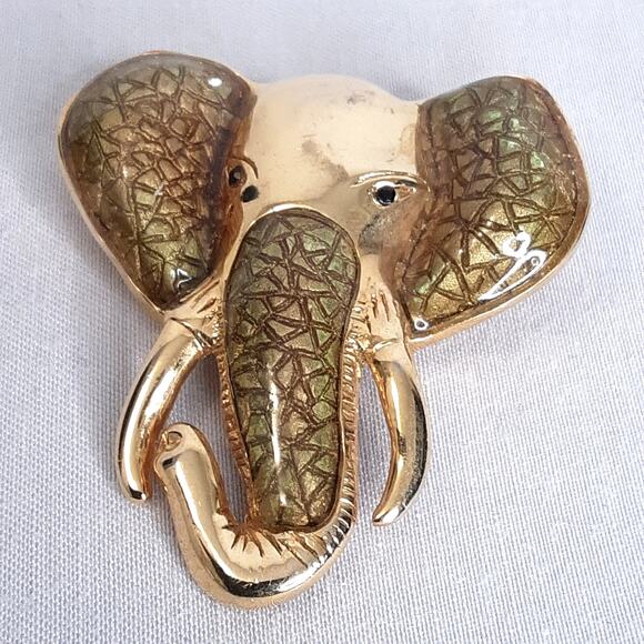 Vintage 1980s Elephant Head Brooch Heavy Gold Tone Metal Brown Green Enamel - Picture 3 of 11